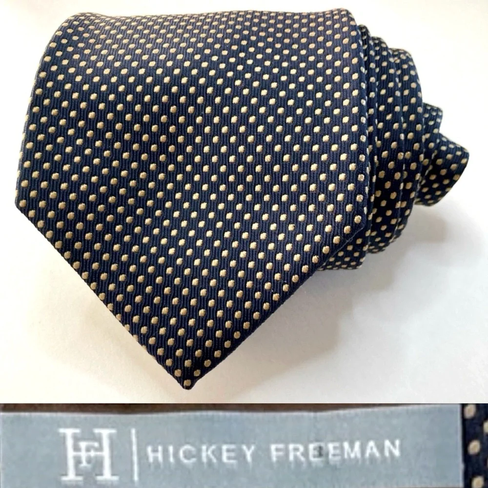 Hickey Freeman Black & Butter Yellow Dotted Classic Heavy Silk Tie 3.5” 59”